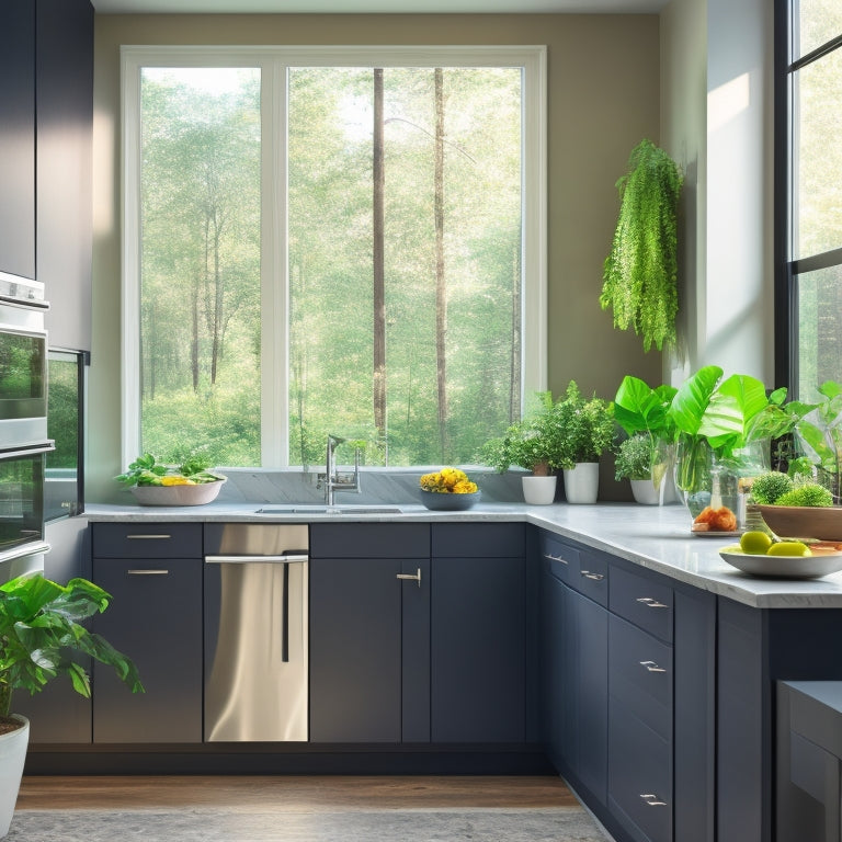 A bright, modern kitchen with sleek countertops, stainless steel appliances, and a large window with lush greenery outside, featuring a compost bin, reusable containers, and a minimalist aesthetic.