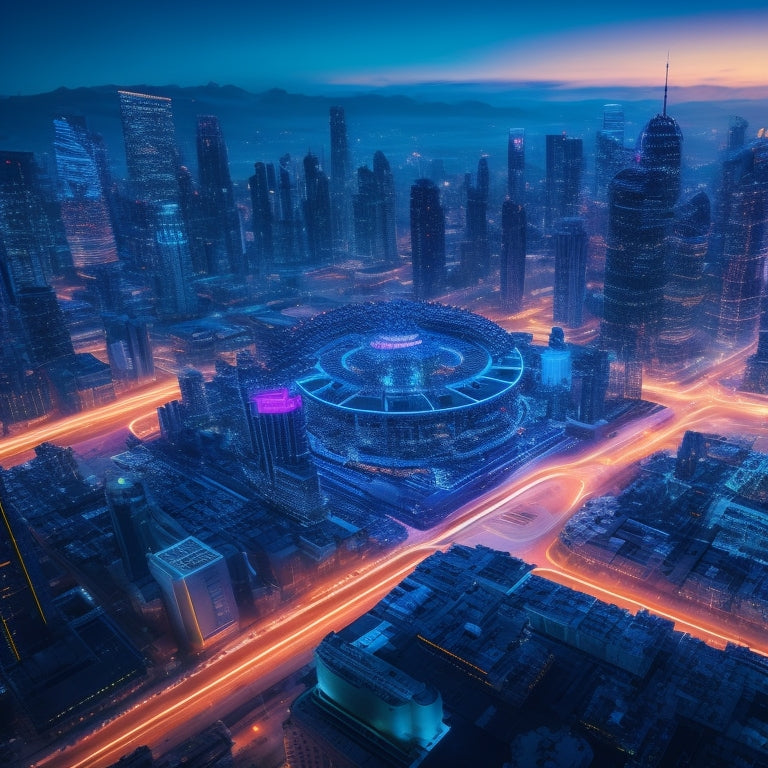 A futuristic, neon-lit cityscape with sleek skyscrapers and glowing circuits, featuring a large, central hub with interconnected gears, cogs, and puzzle pieces, surrounded by orbiting icons of laptops, tablets, and smartphones.