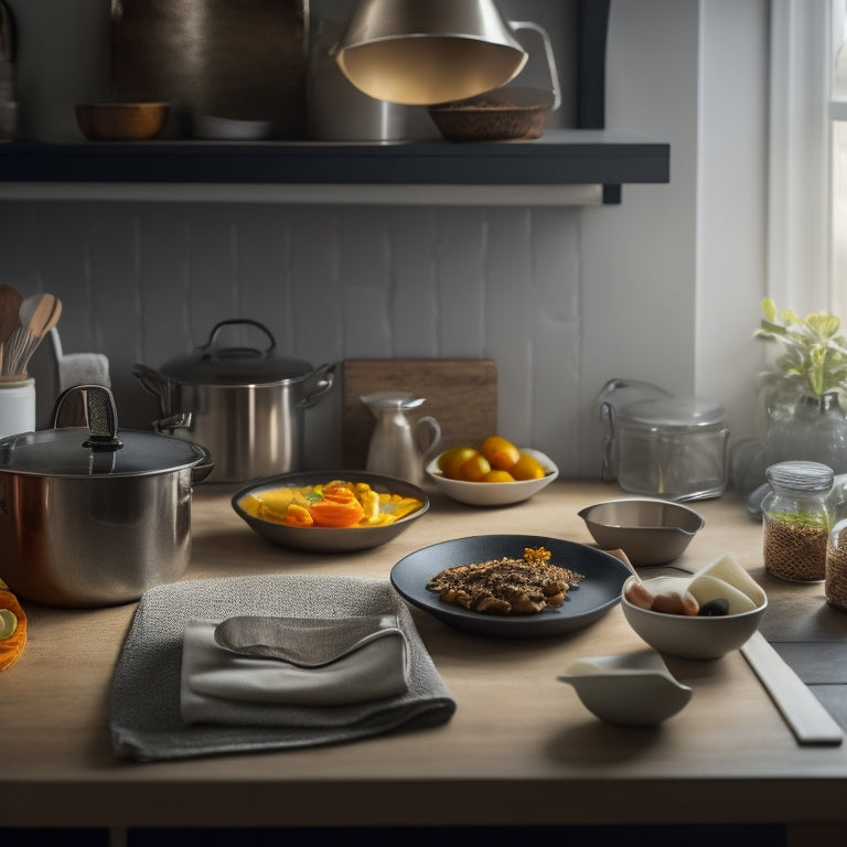 A tidy, well-lit kitchen with a senior's hands holding a tablet, surrounded by organized utensils, labels, and a clean countertop, with a subtle, warm color palette and gentle shadows.