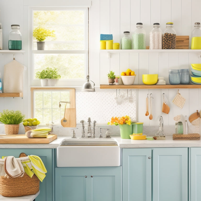 A bright, airy kitchen with a tidy countertop, a few strategically-placed Mason jars, and a pegboard with hooks holding utensils and a few colorful cleaning supplies.