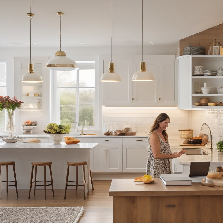 A bright, modern kitchen with a large island, pendant lights, and a mix of white and wood cabinets, featuring a woman in the center, surrounded by design books and a laptop, looking thoughtful.