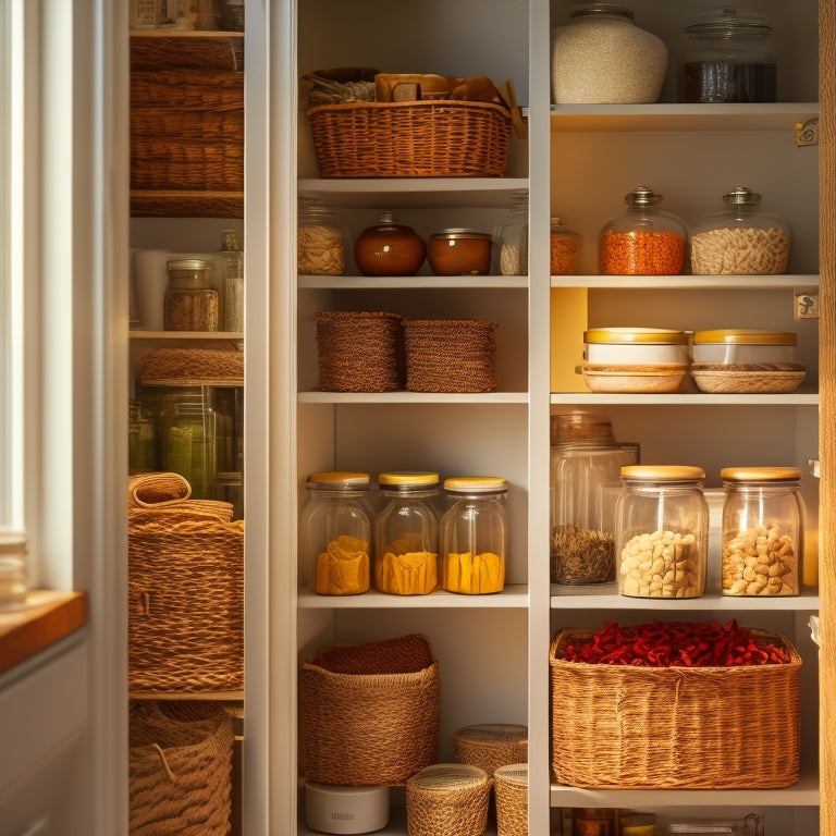 A tidy kitchen pantry with adjustable shelving, wicker baskets, and glass jars filled with spices, grains, and canned goods, illuminated by warm, soft natural light.