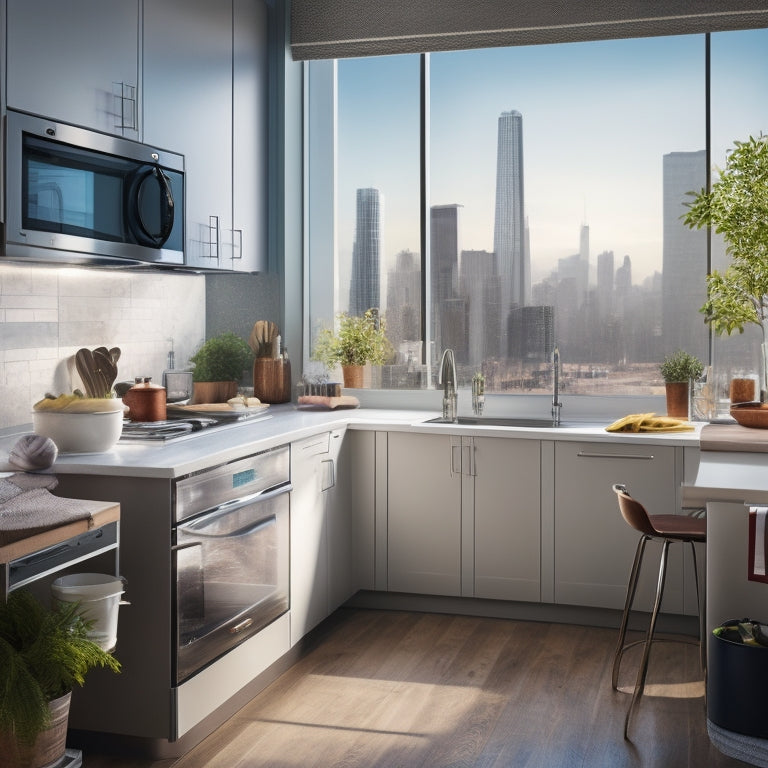 A tidy, modern kitchen with a small island, featuring a laptop on the counter displaying a virtual cleaning course, surrounded by sparkling clean appliances and utensils, with a cityscape visible through the window.