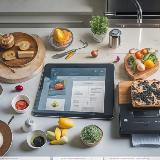 A modern kitchen counter with a few utensils and ingredients, featuring an Android tablet or smartphone in the center, displaying a split-screen view of various kitchen management apps, surrounded by recipe notes and a shopping list.