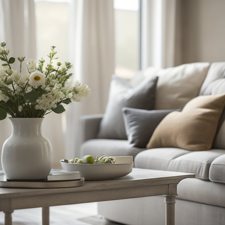 A minimalist, neutral-toned living room with a staged couch, a vase with fresh flowers, and a few strategically placed decorative items on a clutter-free coffee table, with a blurred background.