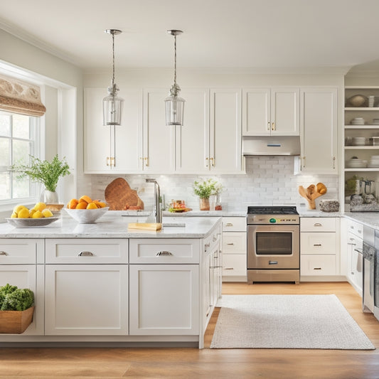 A bright and airy kitchen with sleek, white cabinets, stainless steel appliances, and a large island in the center, featuring a utensil organizer, a tiered spice rack, and a set of matching canisters.