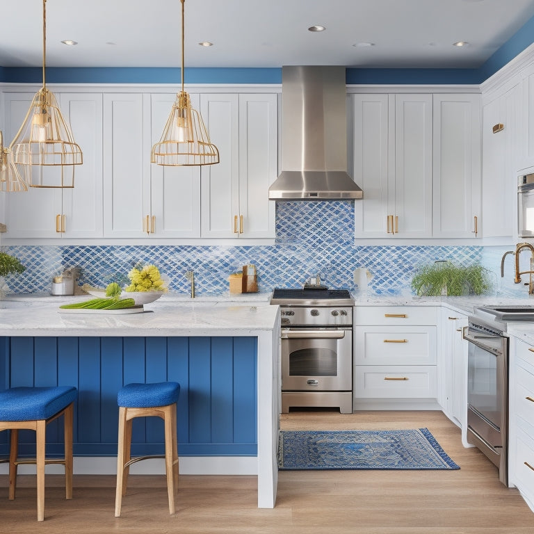 A modern, bright, and airy kitchen with sleek, white, handleless cabinets, a large island, and a stunning, geometric-patterned backsplash in shades of blue and white, surrounded by natural light.