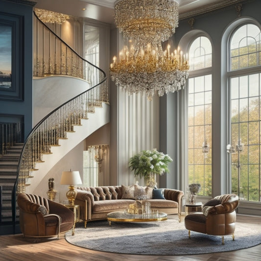 A luxurious modern living room with a grand staircase, large windows, and a stunning chandelier, surrounded by elegant furniture and decorative elements, with a subtle cityscape view in the background.