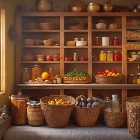 A warm, golden-lit pantry with neatly arranged jars of spices, oils, and condiments on wooden shelves, surrounded by woven baskets and a few strategically placed, artfully overflowing fruit and vegetables.