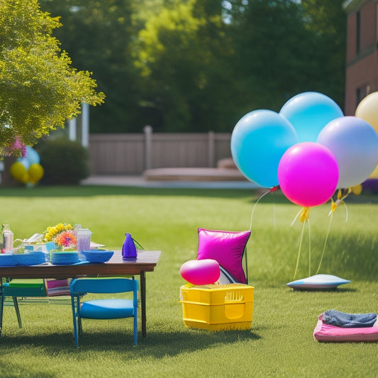 A colorful and clutter-free yard sale setup with neatly arranged tables, vibrant balloons, and a few strategically placed lawn chairs, set against a sunny backyard with lush green grass.