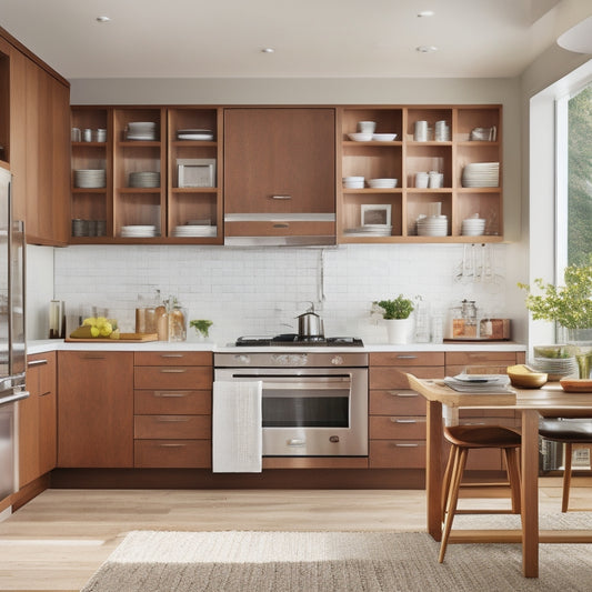 A modern, sleek kitchen with roll-out shelves in a warm, honey-brown wood tone, surrounded by creamy white countertops and stainless steel appliances, with a few stylish cookbooks and utensils on display.