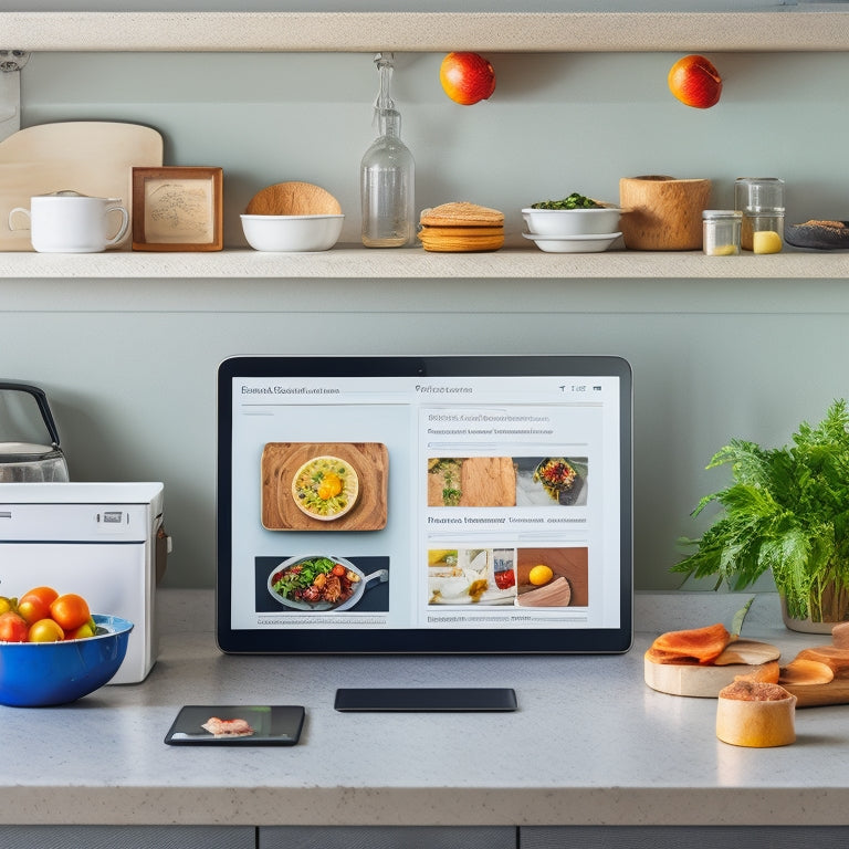 A minimalist kitchen background with a laptop, tablet, and smartphone, each displaying a different digital recipe organization software, surrounded by scattered cookbooks and recipe cards.