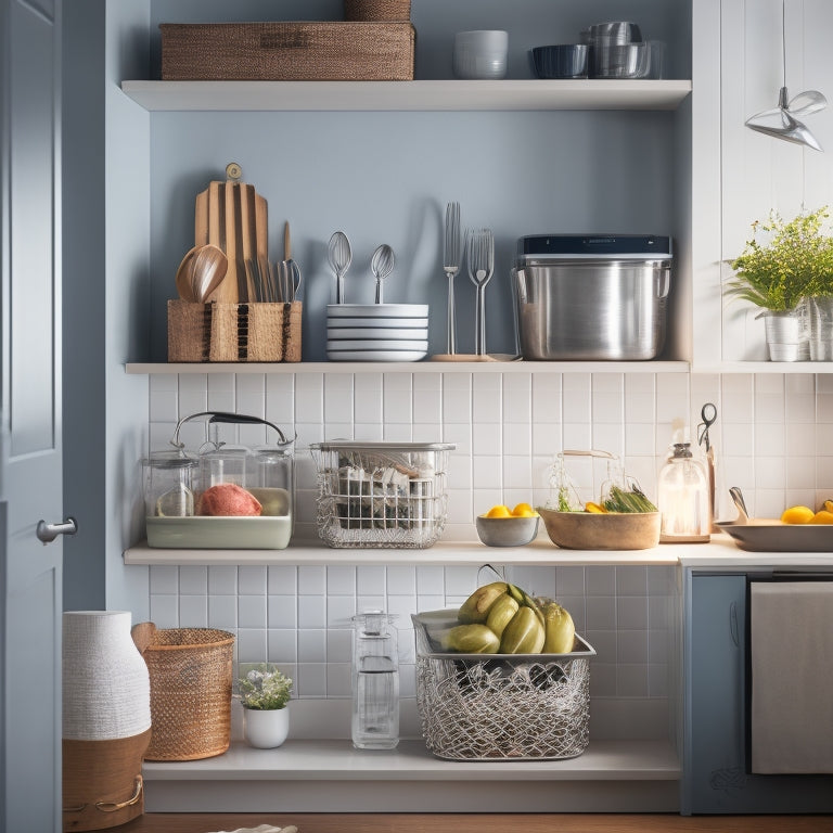 A bright, modern kitchen with a utensil organizer on the wall, a knife block on the counter, and a tiered cart with labeled baskets, amidst a subtle background of soft, warm lighting.