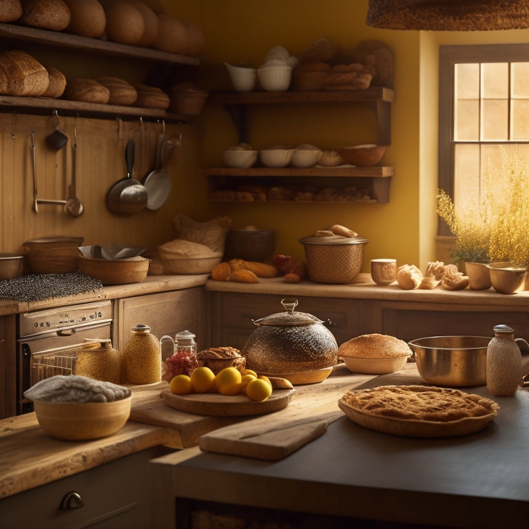 A warm, golden-lit kitchen with mixing bowls, utensils, and ingredients scattered about, transitioning into a cozy bakery shop with pies on display and a few customers lingering.