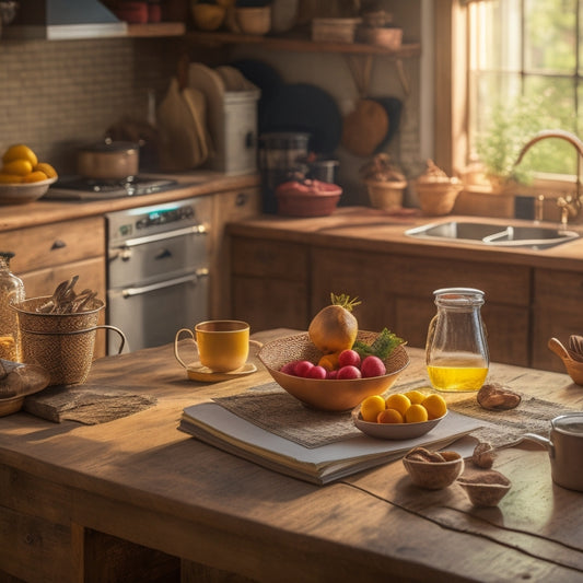 A vibrant kitchen scene with a worn wooden table at center, surrounded by open cookbooks, scattered recipe cards, and a laptop open to a PLR website, amidst a warm, golden lighting.