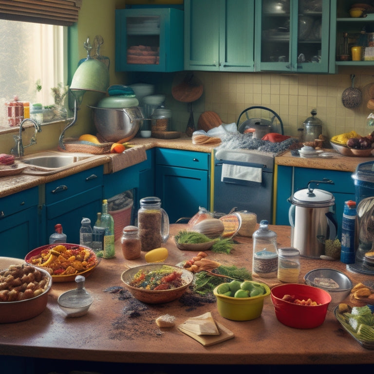 A cluttered kitchen with dirty dishes piled high in the sink, utensils scattered on countertops, and a messy island with open cabinets and drawers, surrounded by trash and expired food packets.