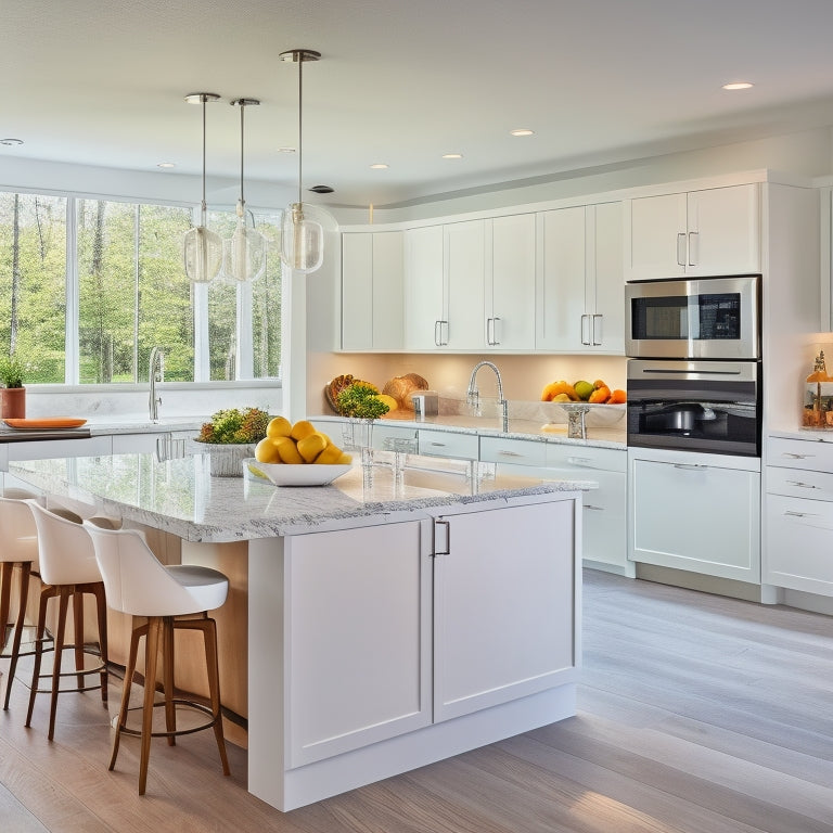 A sleek, modern kitchen with high-gloss white cabinets, quartz countertops, and a large island featuring a built-in cooktop, surrounded by gleaming stainless steel appliances and pendant lighting.