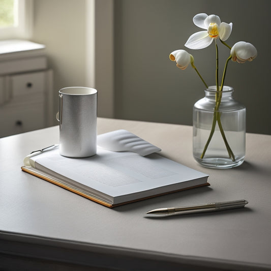 A serene and minimalist desk with a few carefully arranged items: a small, leather-bound planner, a tidy stack of papers, a single, blooming orchid, and a sleek, silver pen, all set against a calming, light-gray background.