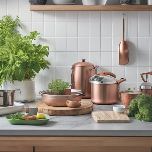 A clutter-free kitchen countertop with a stainless steel stand mixer, a wooden cutting board, a coffee maker, a set of copper pots, and a small potted herb garden, all arranged in a harmonious and organized manner.