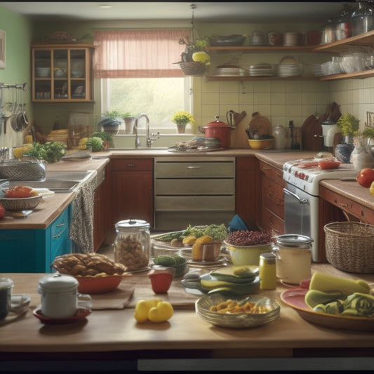 A messy kitchen with countertops overflowing with appliances, utensils, and dirty dishes, surrounded by cluttered shelves and cabinets, with a faint outline of a person in the background, overwhelmed and stressed.