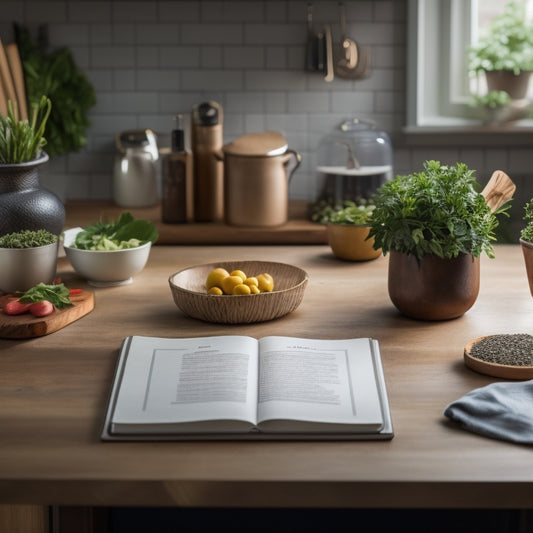 A tidy kitchen countertop with a few neatly arranged cookbooks, a small potted herb plant, and a wooden cutting board, featuring a partially filled-out meal planning template on a clipboard.