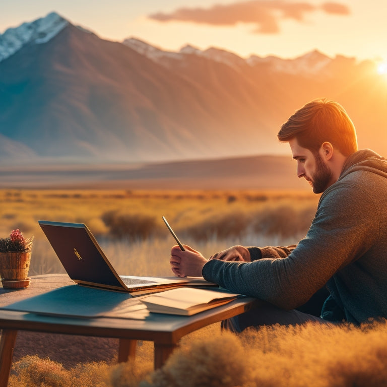 A warm, inviting illustration of a young adult sitting at a desk, surrounded by opened scriptures and laptops, with a subtle background of a Utah mountain range at sunset.