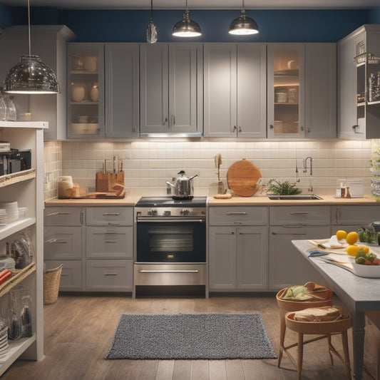 A well-lit, modern kitchen with partially installed cabinets, tools scattered on the countertops, and a measuring tape stretched across the wall, surrounded by open instruction manuals and scattered screws.