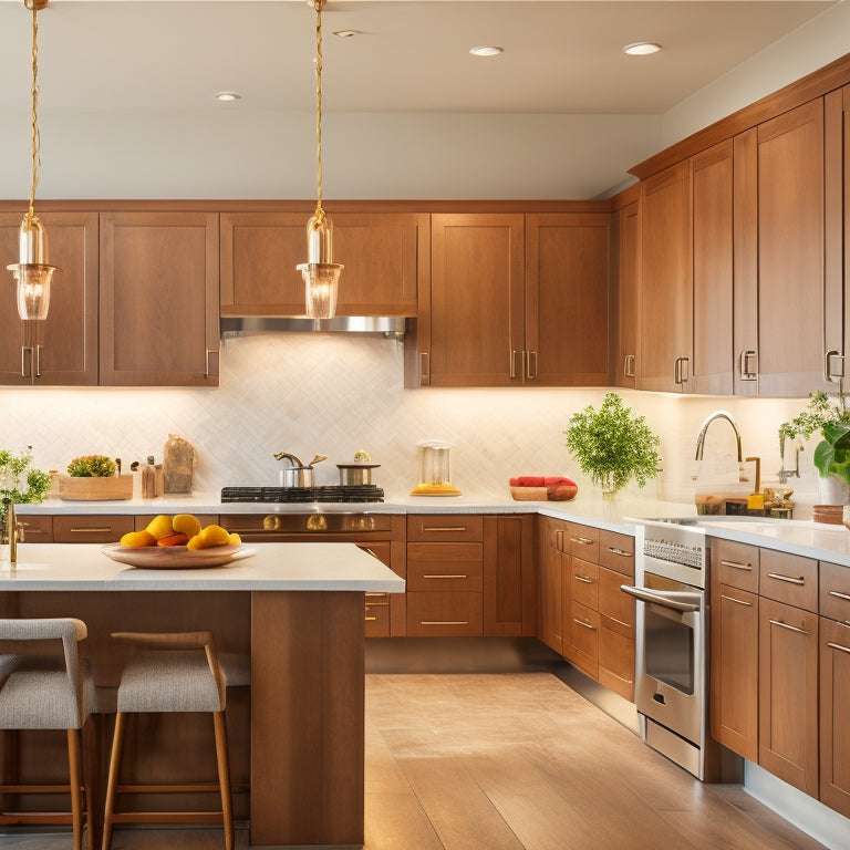 A serene, modern kitchen with sleek cabinets in a warm, honey-brown wood tone, surrounded by creamy white countertops, stainless steel appliances, and a large, sparkling chandelier.