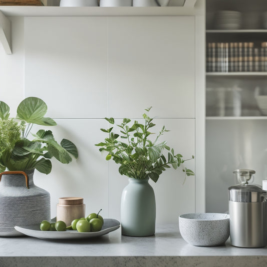 A serene, organized kitchen with a minimalist aesthetic, featuring a tidy countertop, a few strategically placed cookbooks, and a single, elegant vase with fresh greenery.