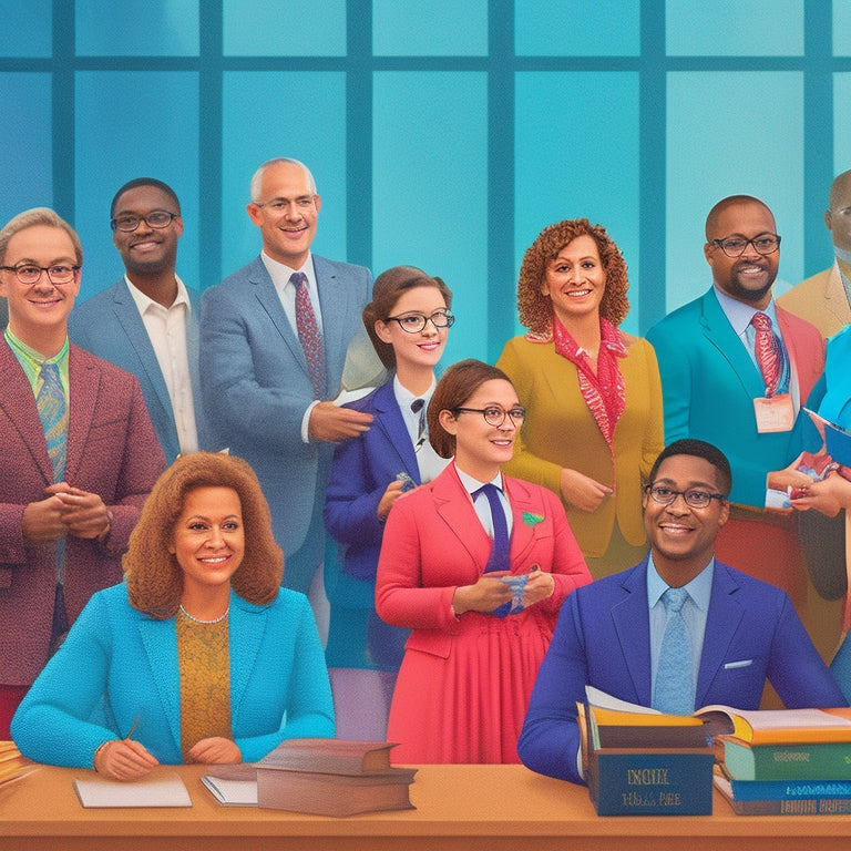 A vibrant, stylized illustration of diverse Granite School District staff members, showcasing individuality and enthusiasm, set against a blurred background of classrooms, books, and educational elements.