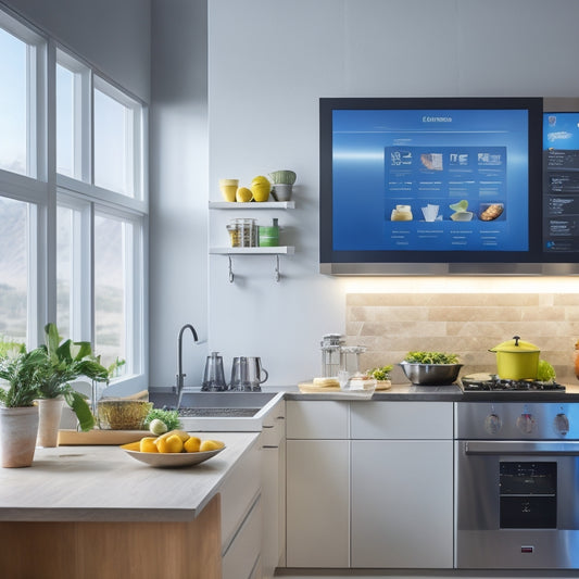 A modern kitchen with sleek appliances and countertops, featuring a large touchscreen display mounted on the wall, surrounded by utensils and ingredients, with a blurred background of recipe books and kitchen gadgets.