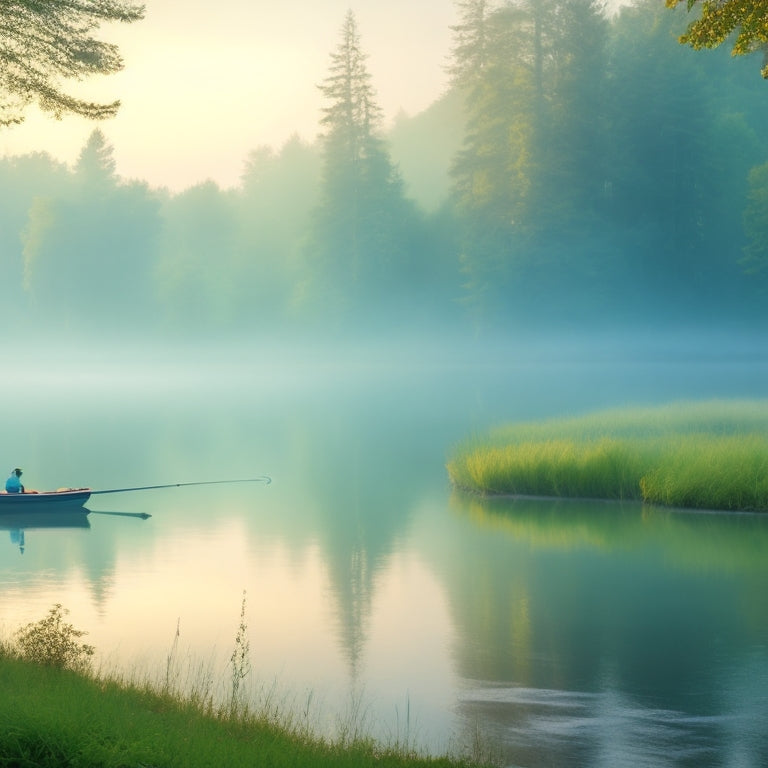 A serene lake at dawn with misty fog rolling off calm waters, surrounded by lush green trees, featuring a solitary fisherman in the distance, with a few fishing rods and a tackle box nearby.