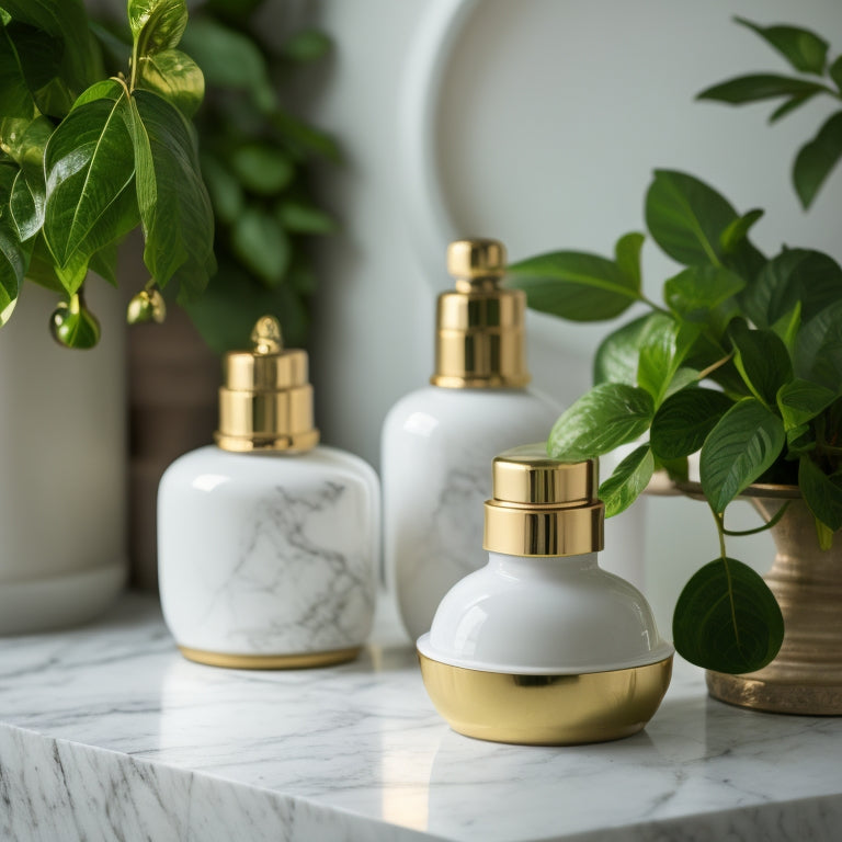 A luxurious, white marble countertop with a set of three ceramic oil bottles in varying sizes, adorned with golden lids and delicate, curved handles, surrounded by fresh greenery and soft, warm lighting.