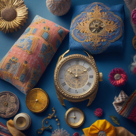A minimalist composition featuring a elegant clock face with moving gears, surrounded by a kaleidoscope of colorful fabrics, textures, and patterns, blending modern and vintage elements.