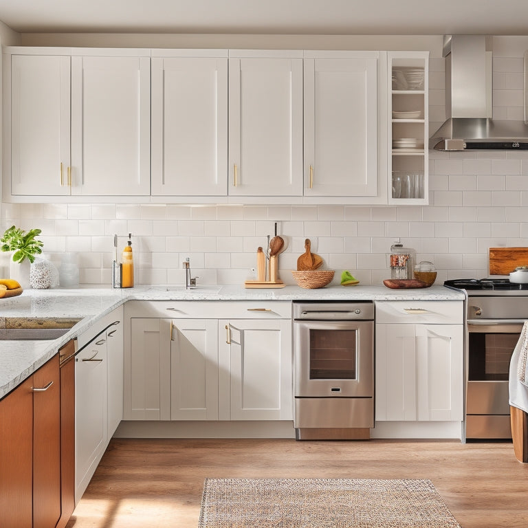 A bright, modern kitchen with sleek white cabinets, gleaming stainless steel appliances, and a pantry area featuring adjustable, wooden shelves in a warm, honey-brown finish, with decorative metal brackets.