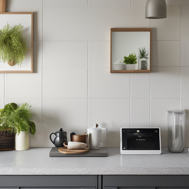 A minimalist kitchen countertop with a sleek tablet mounted on a wall, surrounded by neatly arranged utensils, a small potted plant, and a few strategically placed recipe cards.