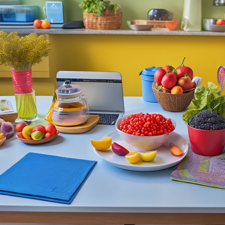 A colorful, clutter-free kitchen countertop with a laptop, a basket of fresh fruits, and a few grocery list templates printed on paper, surrounded by a few pens and a coffee cup.