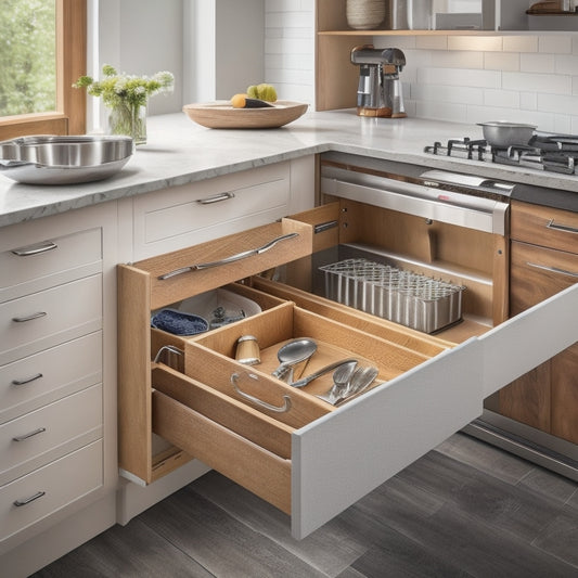 A bright, modern kitchen with opened drawers featuring custom dividers, utensil organizers, and pull-out inserts, showcasing a clutter-free and efficiently organized space with a soft, natural light glow.