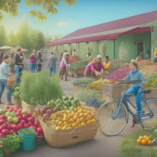 A vibrant illustration of a bustling Portland community garden, with diverse individuals of all ages gathering around a colorful array of locally grown fruits and vegetables, amidst baskets and bicycles.