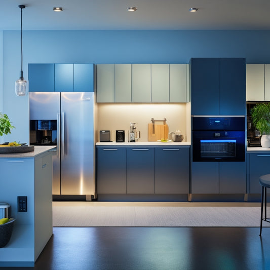 A minimalist, modern kitchen with spotless countertops, a tidy sink, and a sleek refrigerator, surrounded by organized digital devices and cables, with a subtle glow of screens in the background.