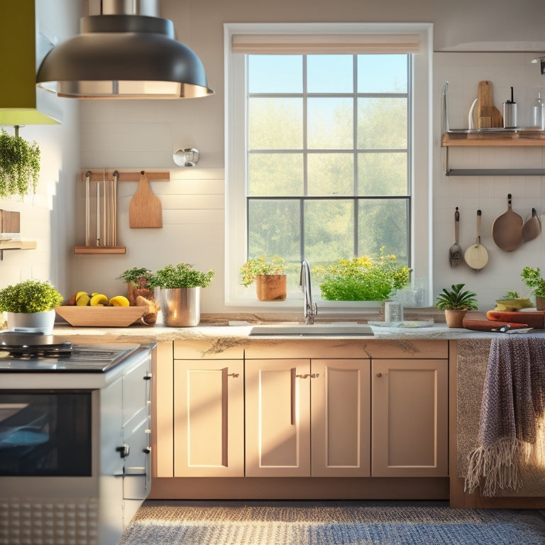 A bright, modern kitchen with a central island, utensils organized on a pegboard, a sink with a built-in cutting board, and a minimalist backsplash, illuminated by natural light pouring through a large window.