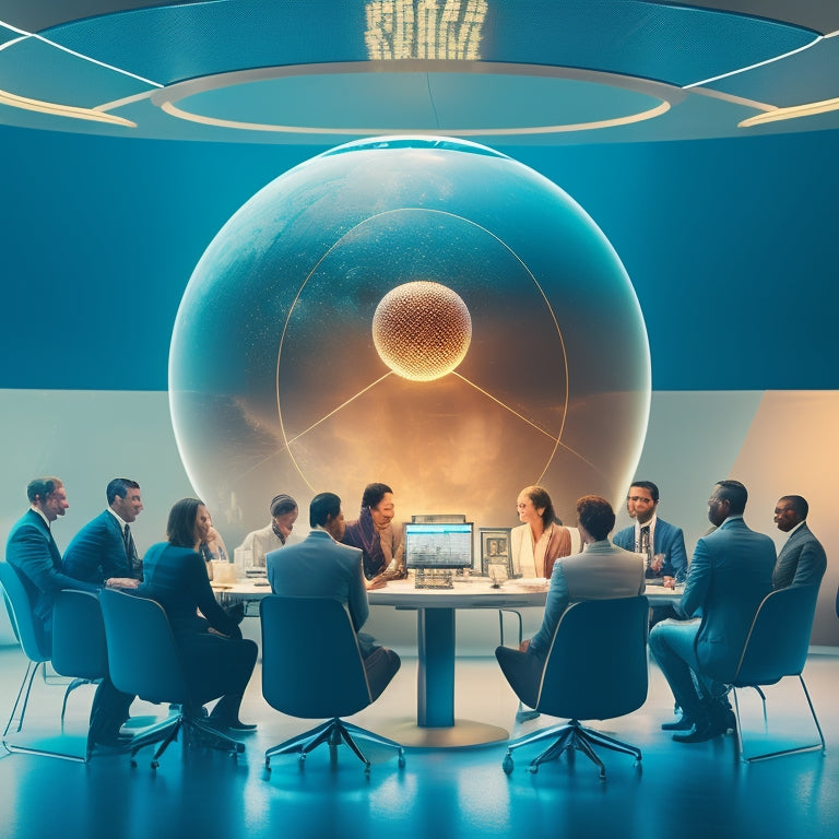 A futuristic, minimalist illustration of a diverse group of professionals gathered around a large, glowing orb, surrounded by floating screens and wires, with subtle hints of coding and data analysis in the background.