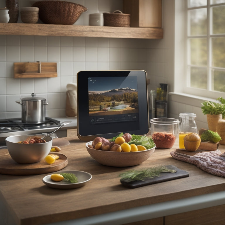 A warm and inviting kitchen scene with a sleek tablet displaying a digital cookbook on the counter, surrounded by utensils, ingredients, and a few cookbooks in the background.