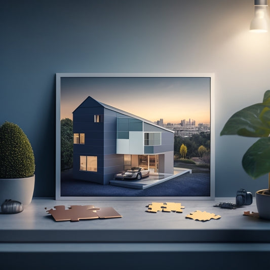 A minimalist illustration of a sold sign in front of a modern home with a subtle background of a cityscape, surrounded by puzzle pieces fitting together, conveying a sense of strategy and success.