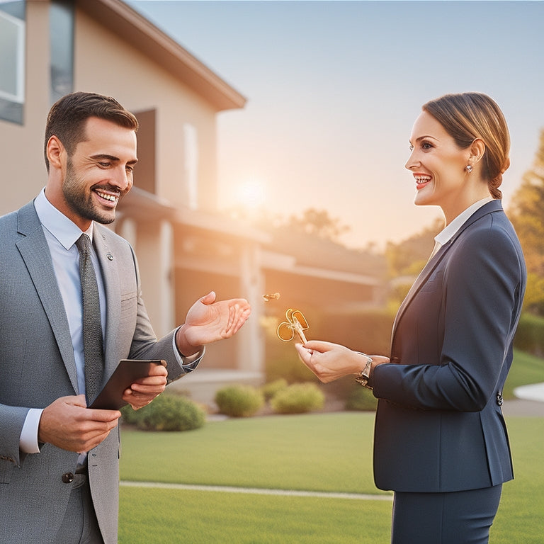 A smiling real estate agent handing over a house key to a beaming buyer in front of a sunny, modern suburban home with a "SOLD" sign on the lawn and a faint cityscape in the background.