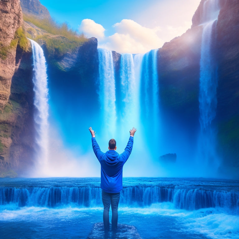 An illustration of a person standing in front of a waterfall, with multiple streams of water flowing from their outstretched hands, each stream morphing into a coin or a valuable item, set against a bright blue sky with fluffy white clouds.