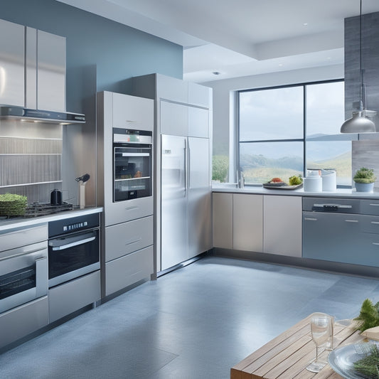 A modern kitchen with sleek, silver appliances, a large island with built-in cooktop, and a backsplash featuring a futuristic, touchscreen display showcasing various kitchen tools and gadgets.