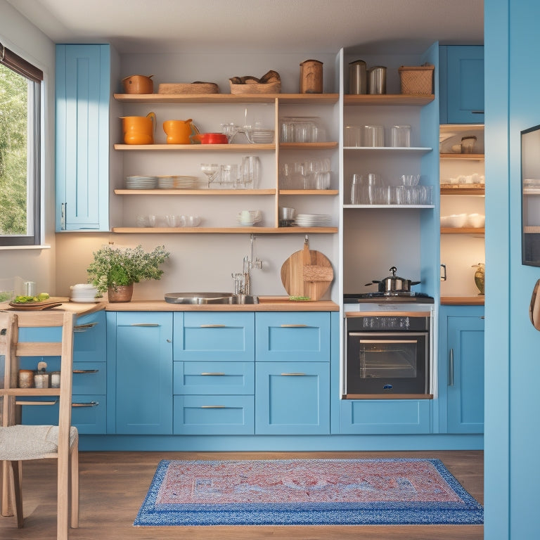 A bright, modern compact kitchen with open cabinet doors, drawers, and shelves, revealing cleverly hidden storage spaces, utensils, and gadgets, with warm lighting and a subtle depth of field.