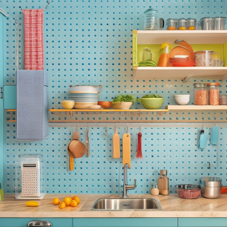 A bright, modern kitchen with a mix of open and closed storage solutions, featuring a pegboard with hanging utensils, a tiered spice rack, and a pull-out trash can with a sleek, stainless steel finish.