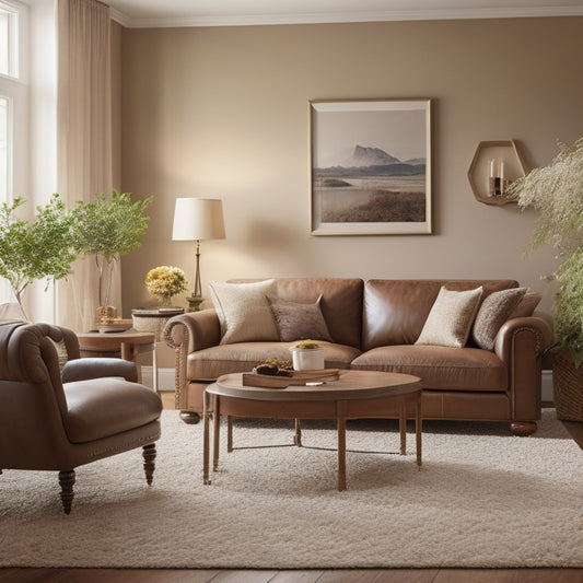 A serene living room with warm beige walls, featuring a plush, dark brown sectional sofa, and a large, majestic wooden coffee table, all set atop a beautiful, soft, cream-colored carpet.